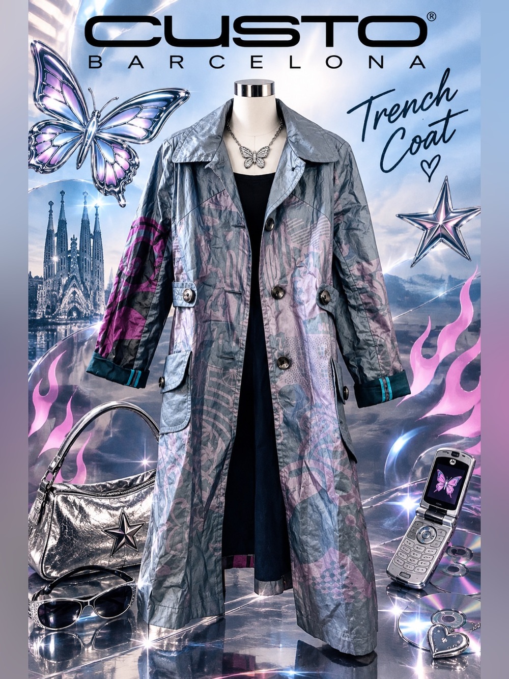 Custo Barcelona Metallic Gray & Purple Trench Coat